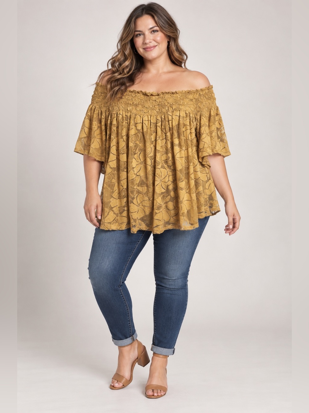 Ultra Pink Mustard Yellow Off Shoulder Lace Boho Top New Plus Size 26/28 4X